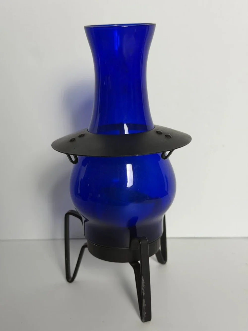 Vintage Cobalt Blue Glass Candle Holder Lantern Black Votive Metal MCM Modernist